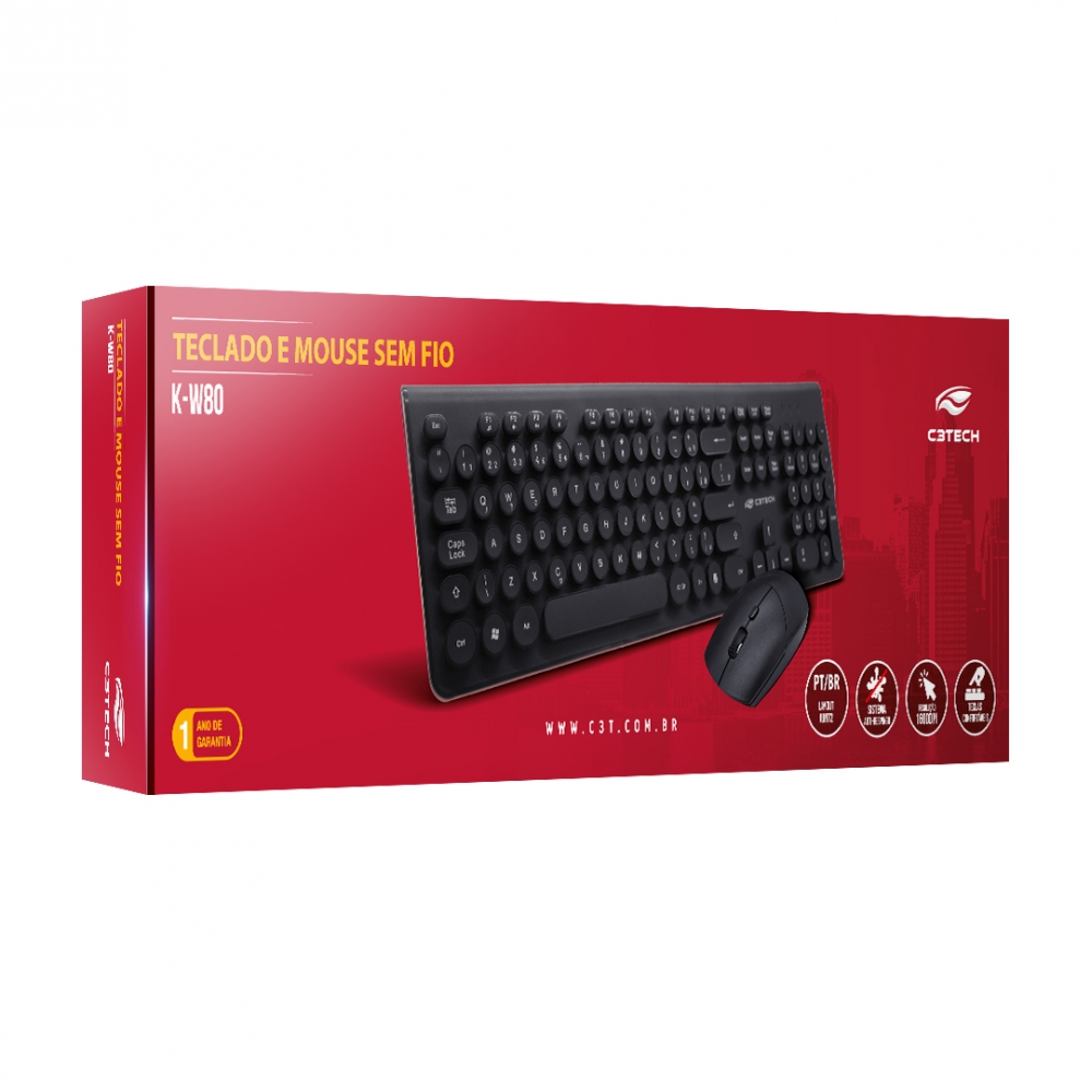 KIT TECLADO E MOUSE S/FIO K-W80BK C3T